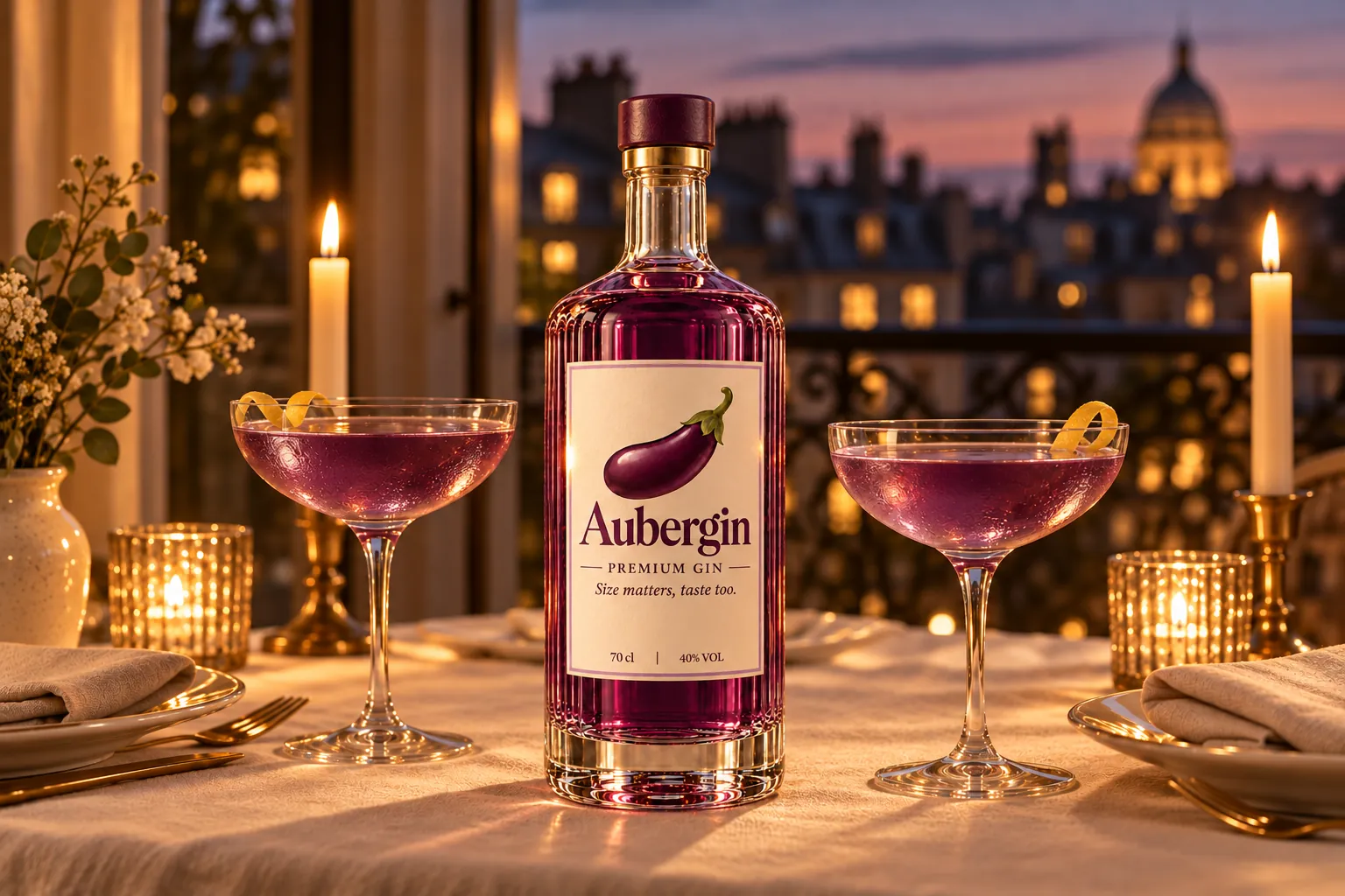 Aubergin bottle on a candlelit dinner table with two coupe glasses and a city view