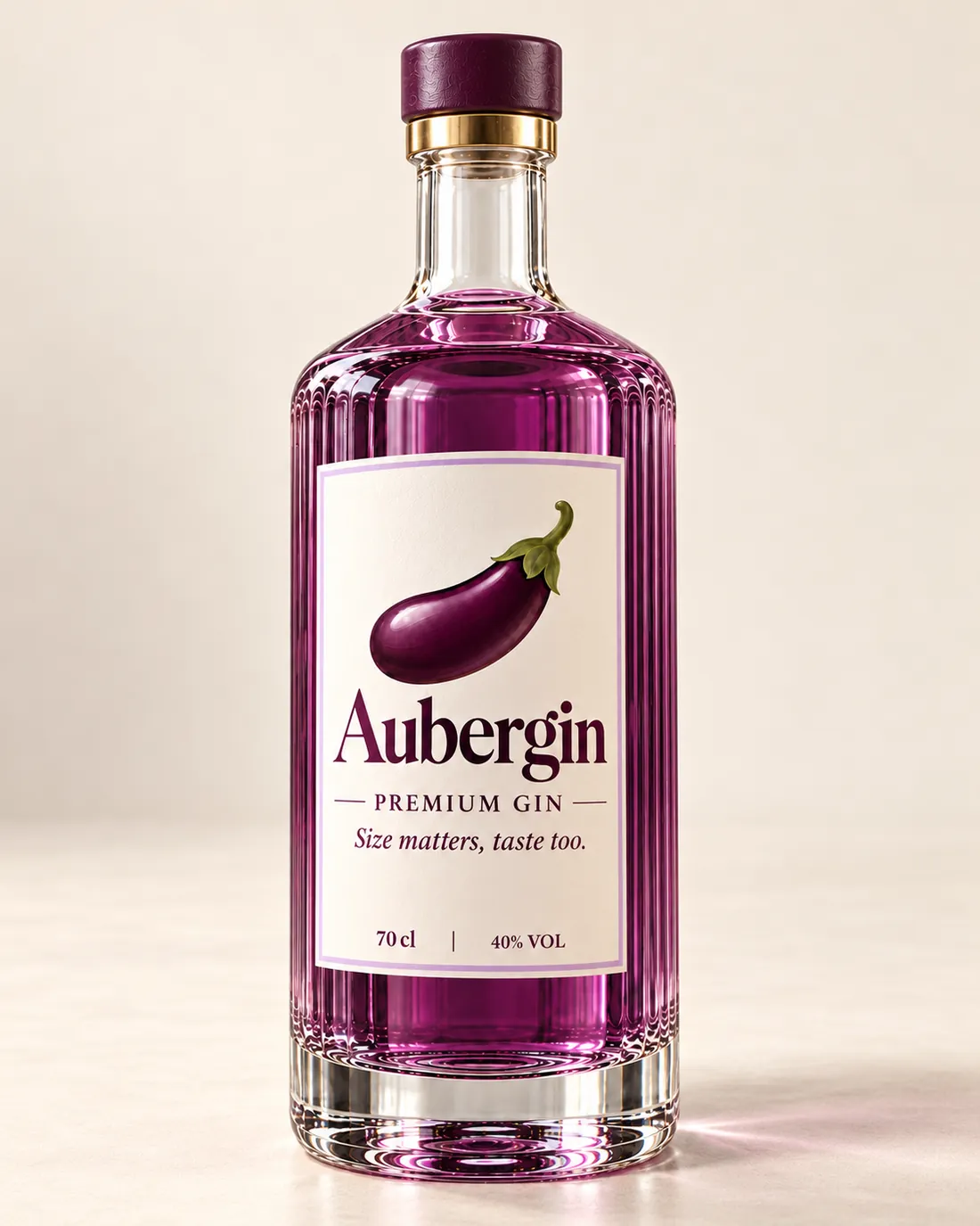 Aubergin bottle at a three-quarter angle on a cream surface