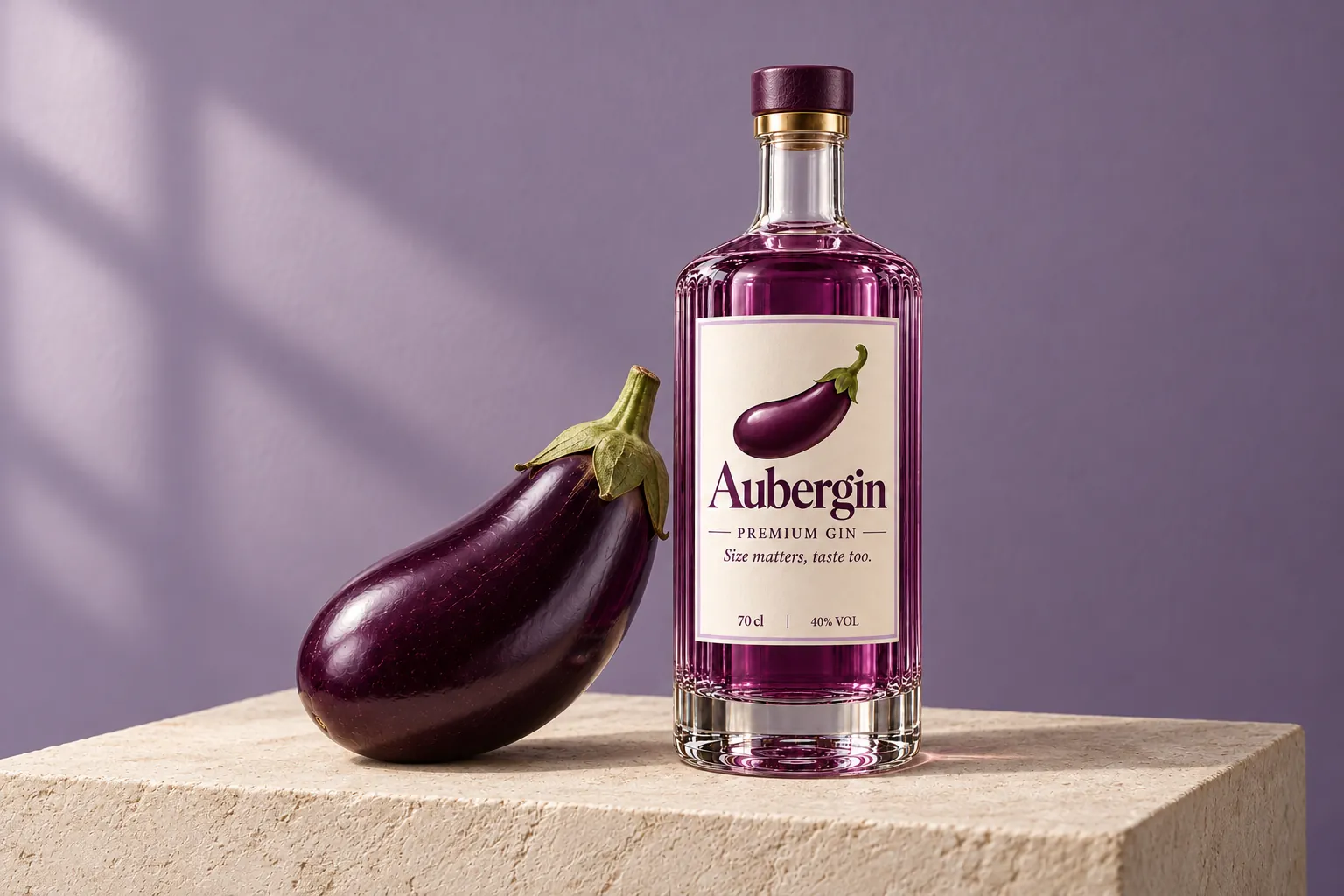 Aubergin bottle and an aubergine on a cream plinth against a lavender wall