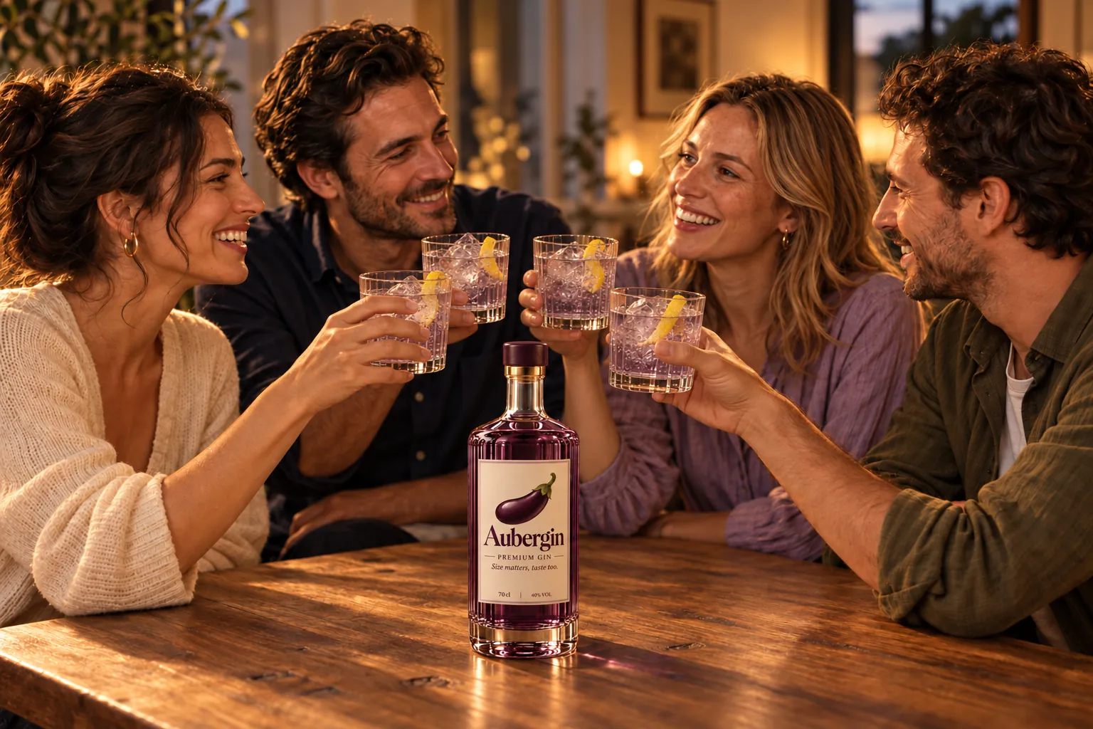 Friends toasting with purple gin and tonics around an Aubergin bottle